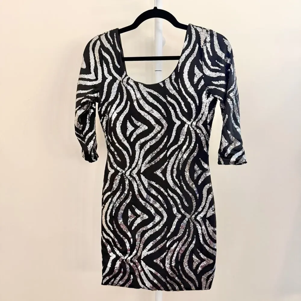 Charlotte Russe Black and Silver Sequin Zebra-Print Bodycon Dress M